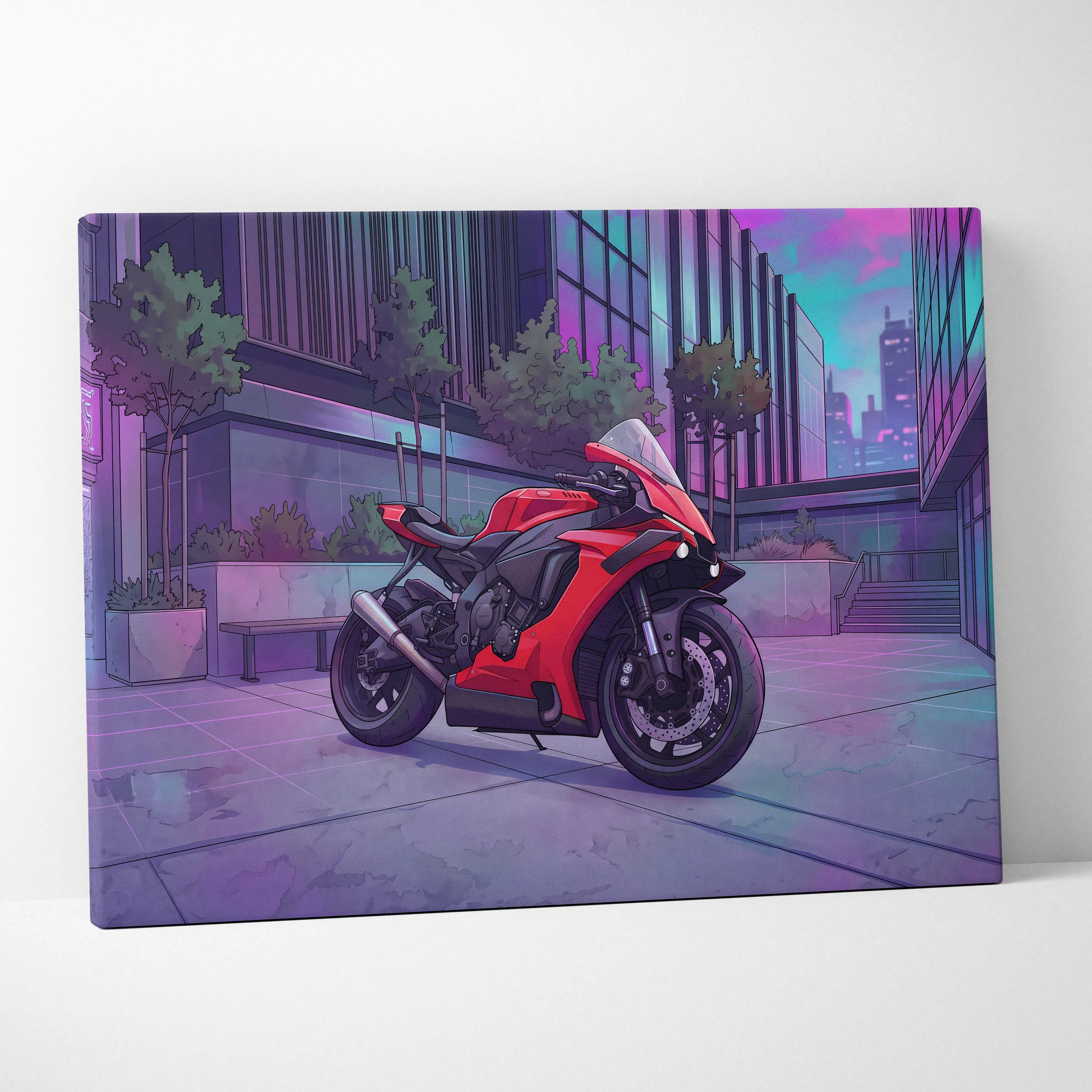 Yamaha R1 Inspired Red Purple Motorcycle Canvas Wall Art Vaporwave Neon City Sportbike Garage Decor Modern Racing Artwork