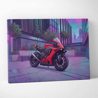 Yamaha R1 Inspired Red Purple Motorcycle Canvas Wall Art Vaporwave Neon City Sportbike Garage Decor Modern Racing Artwork