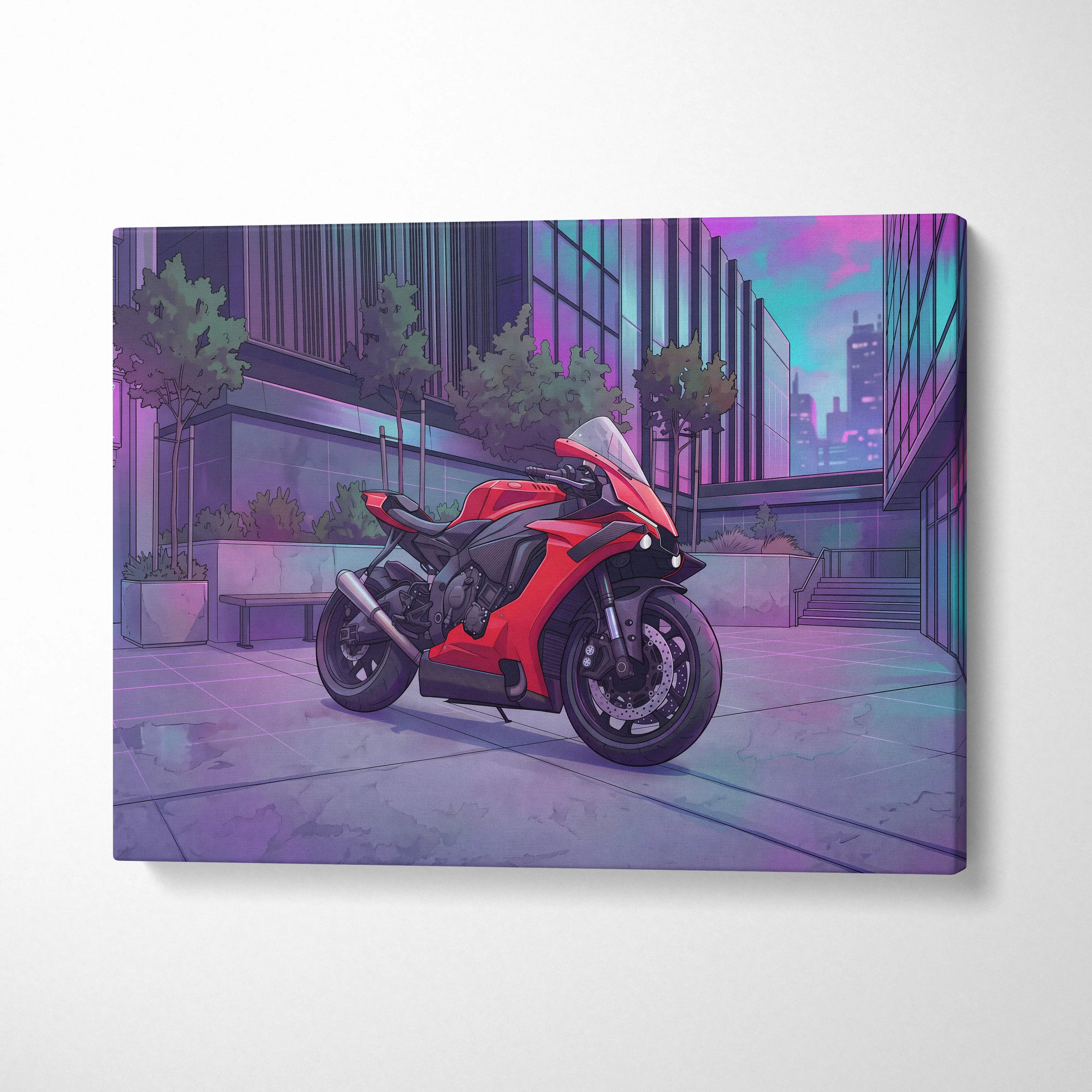 Yamaha R1 Inspired Red Purple Motorcycle Canvas Wall Art Vaporwave Neon City Sportbike Garage Decor Modern Racing Artwork