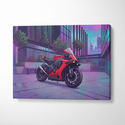 Yamaha R1 Inspired Red Purple Motorcycle Canvas Wall Art Vaporwave Neon City Sportbike Garage Decor Modern Racing Artwork