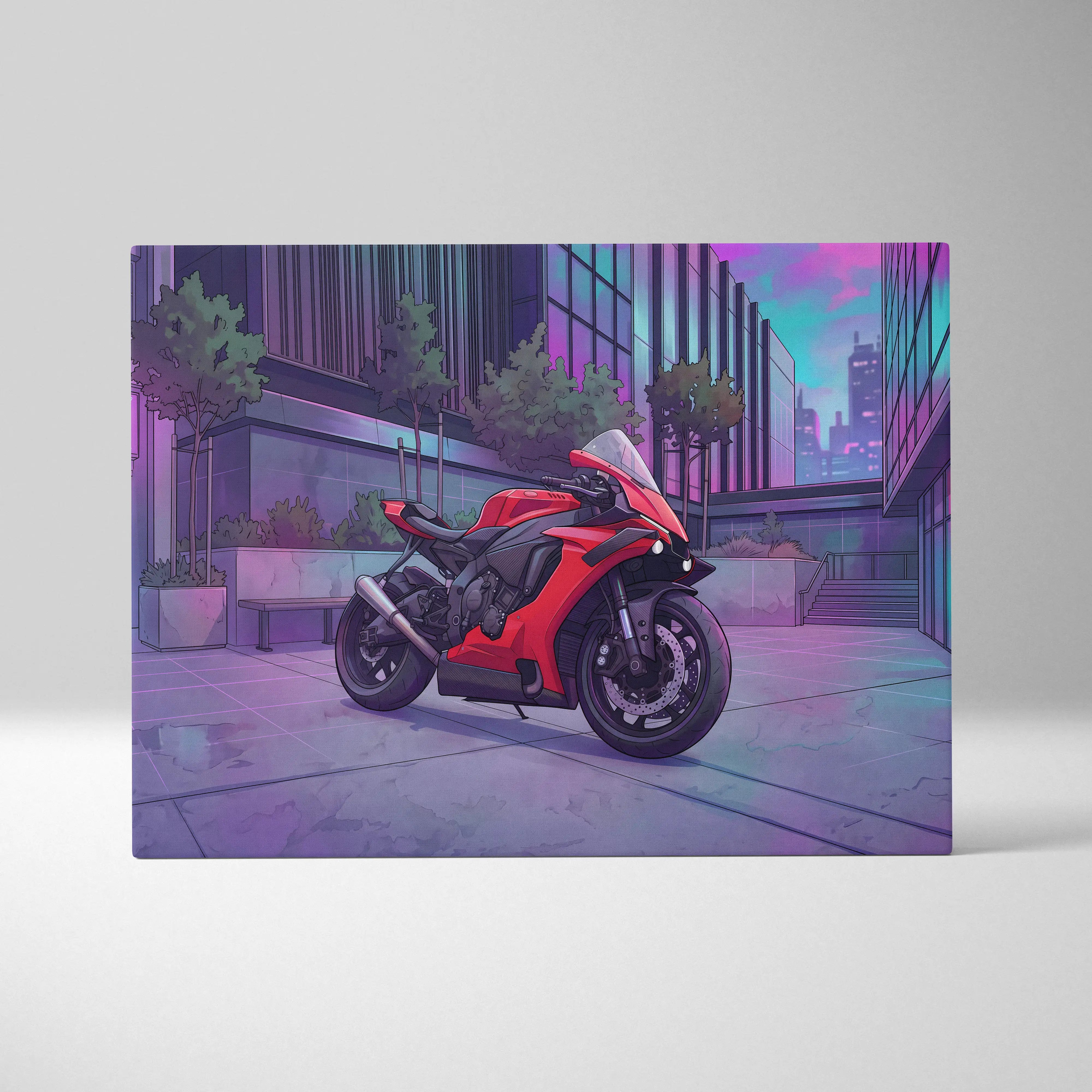 Yamaha R1 Inspired Red Purple Motorcycle Canvas Wall Art Vaporwave Neon City Sportbike Garage Decor Modern Racing Artwork