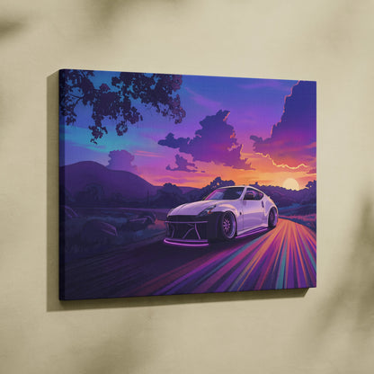 Nissan 370Z Inspired White Sunset Canvas Wall Art Vaporwave JDM Car Artwork, Neon Mountain Road Garage Decor Retro Futuristic Print