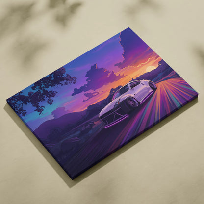 Nissan 370Z Inspired White Sunset Canvas Wall Art Vaporwave JDM Car Artwork, Neon Mountain Road Garage Decor Retro Futuristic Print