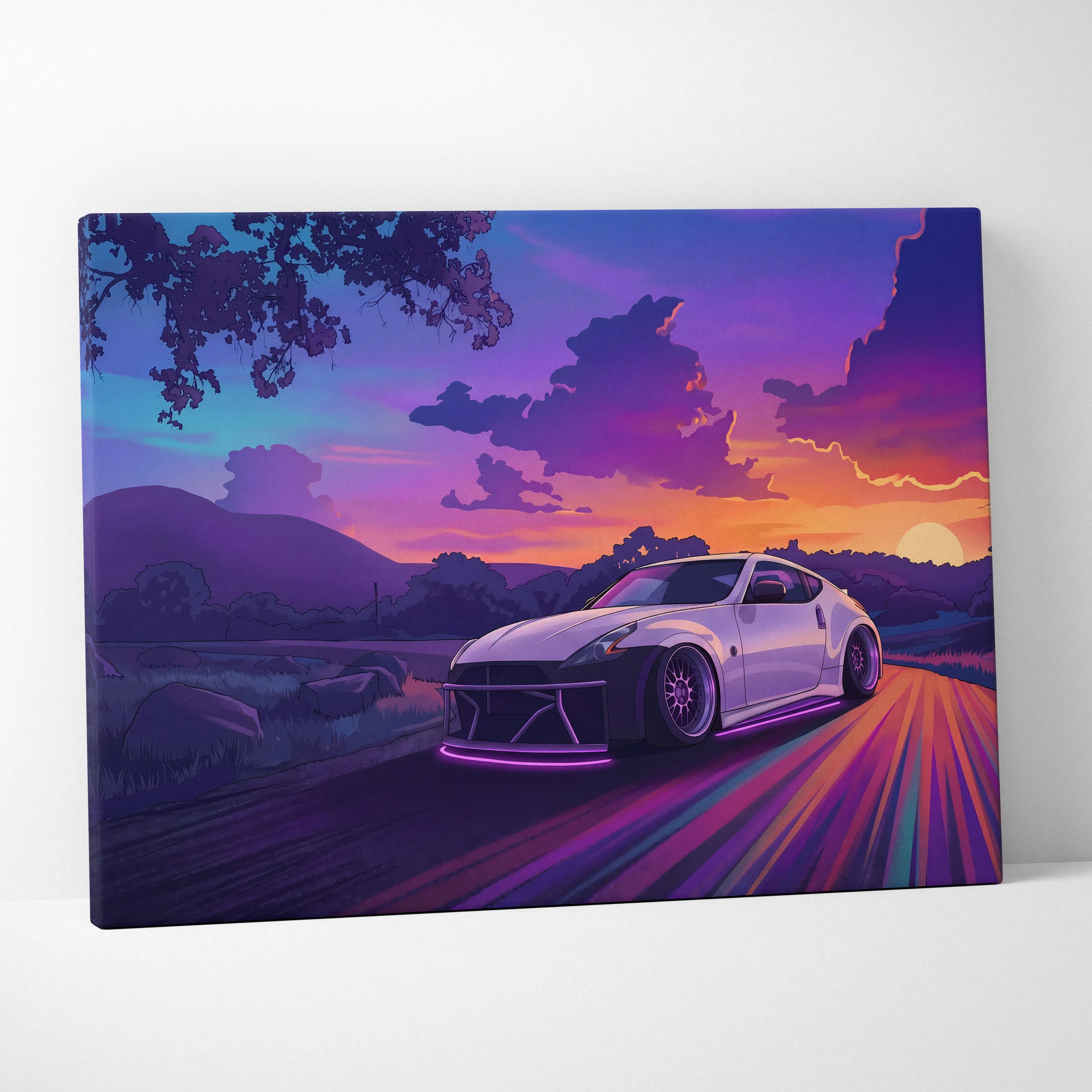 Nissan 370Z Inspired White Sunset Canvas Wall Art Vaporwave JDM Car Artwork, Neon Mountain Road Garage Decor Retro Futuristic Print