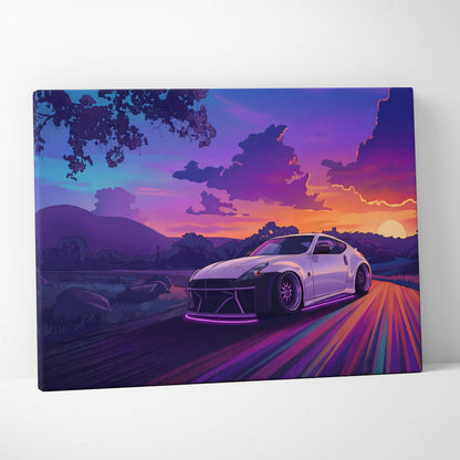 Nissan 370Z Inspired White Sunset Canvas Wall Art Vaporwave JDM Car Artwork, Neon Mountain Road Garage Decor Retro Futuristic Print