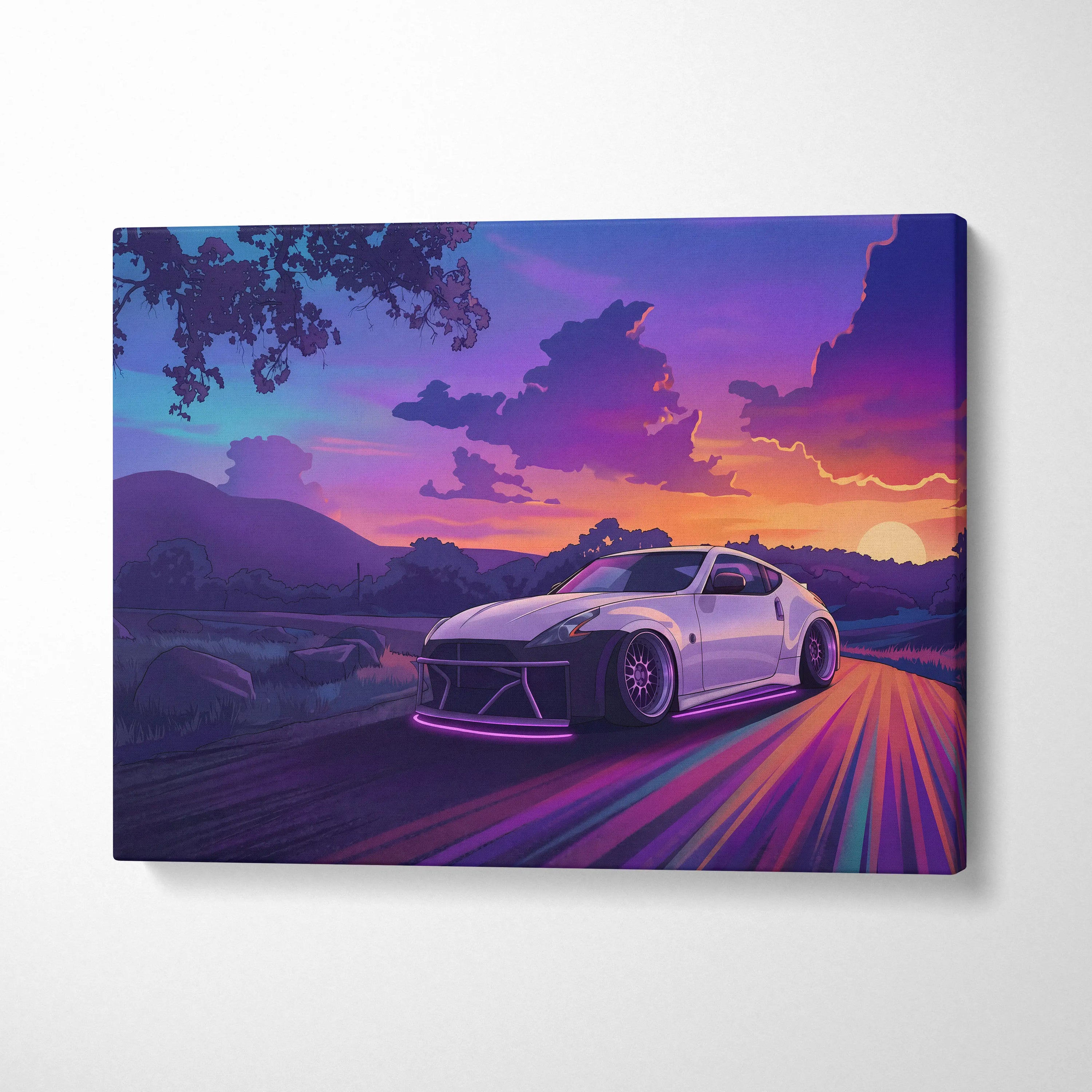 Nissan 370Z Inspired White Sunset Canvas Wall Art Vaporwave JDM Car Artwork, Neon Mountain Road Garage Decor Retro Futuristic Print