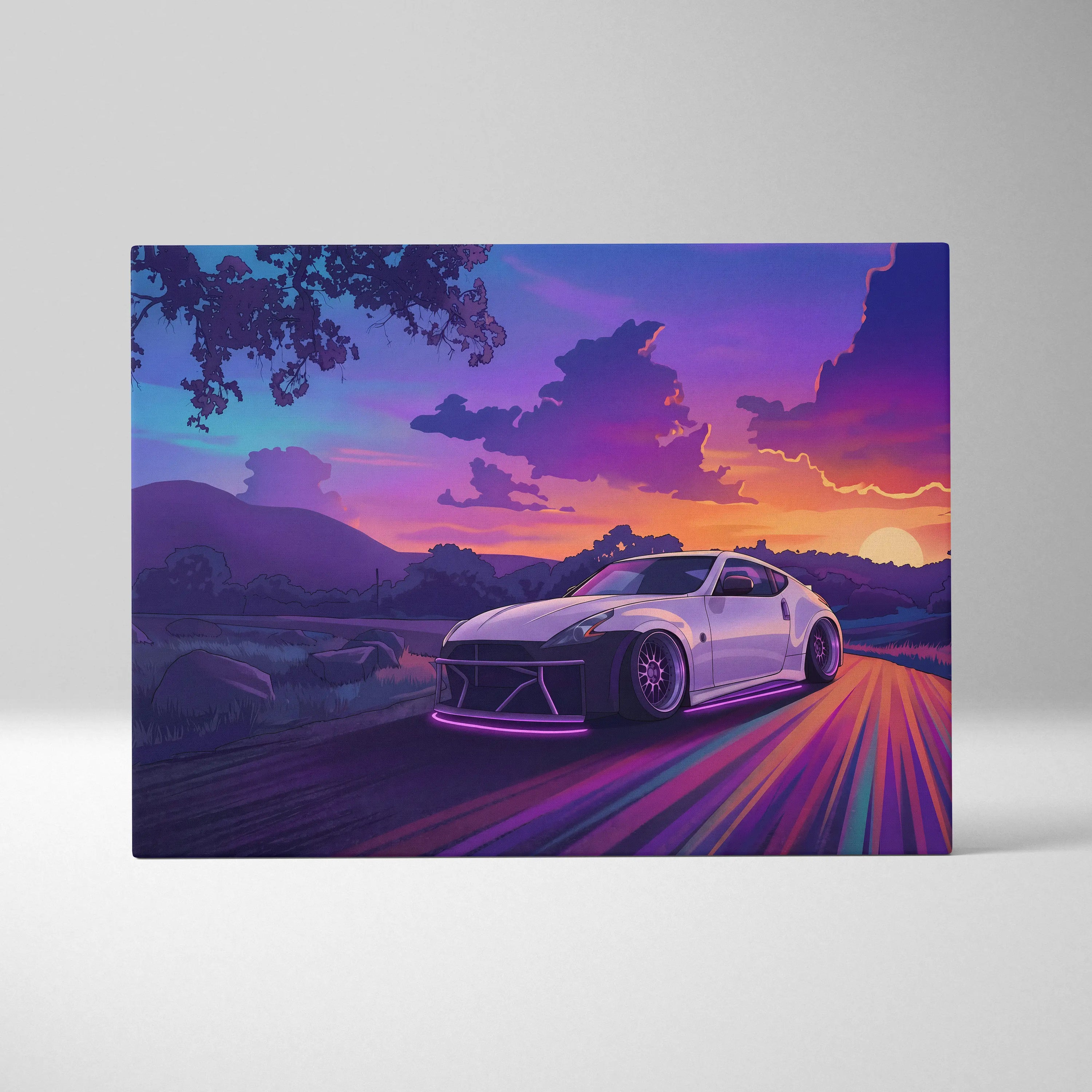Nissan 370Z Inspired White Sunset Canvas Wall Art Vaporwave JDM Car Artwork, Neon Mountain Road Garage Decor Retro Futuristic Print