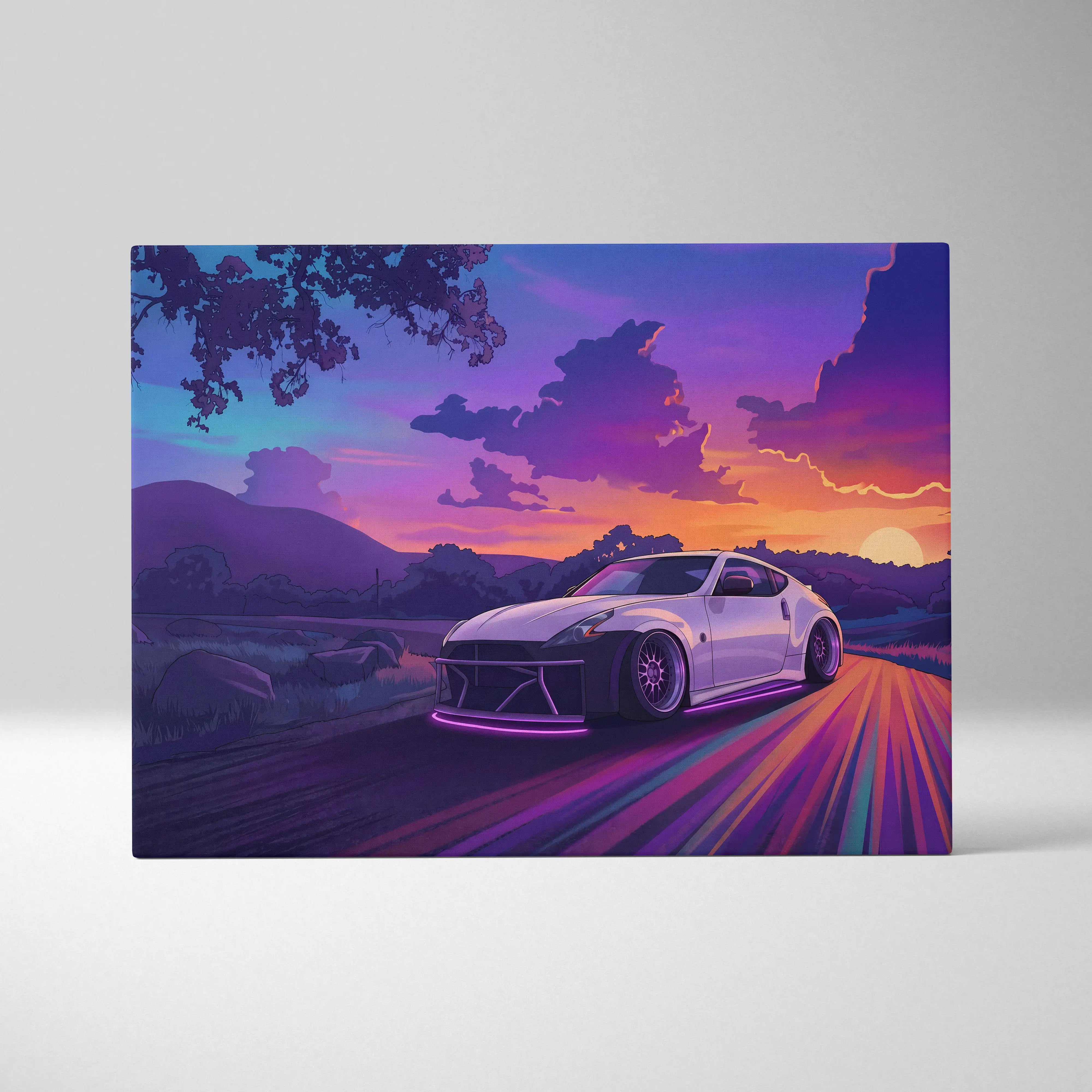 Nissan 370Z Inspired White Sunset Canvas Wall Art Vaporwave JDM Car Artwork, Neon Mountain Road Garage Decor Retro Futuristic Print