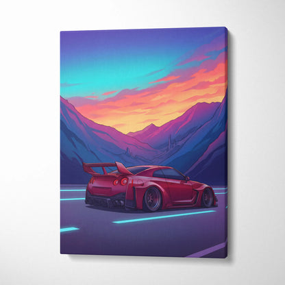 Nissan GT-R Inspired Red Blue Mountain Canvas Wall Art Vaporwave JDM Car Artwork, Neon Sunset Road Garage Decor Retro Futuristic Print