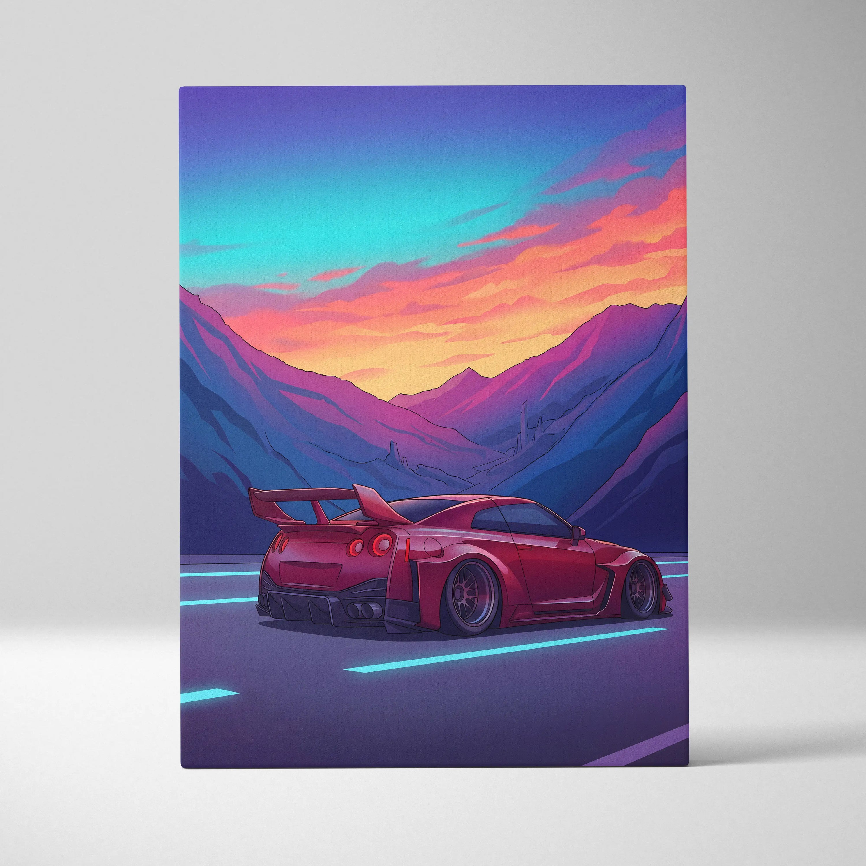 Nissan GT-R Inspired Red Blue Mountain Canvas Wall Art Vaporwave JDM Car Artwork, Neon Sunset Road Garage Decor Retro Futuristic Print