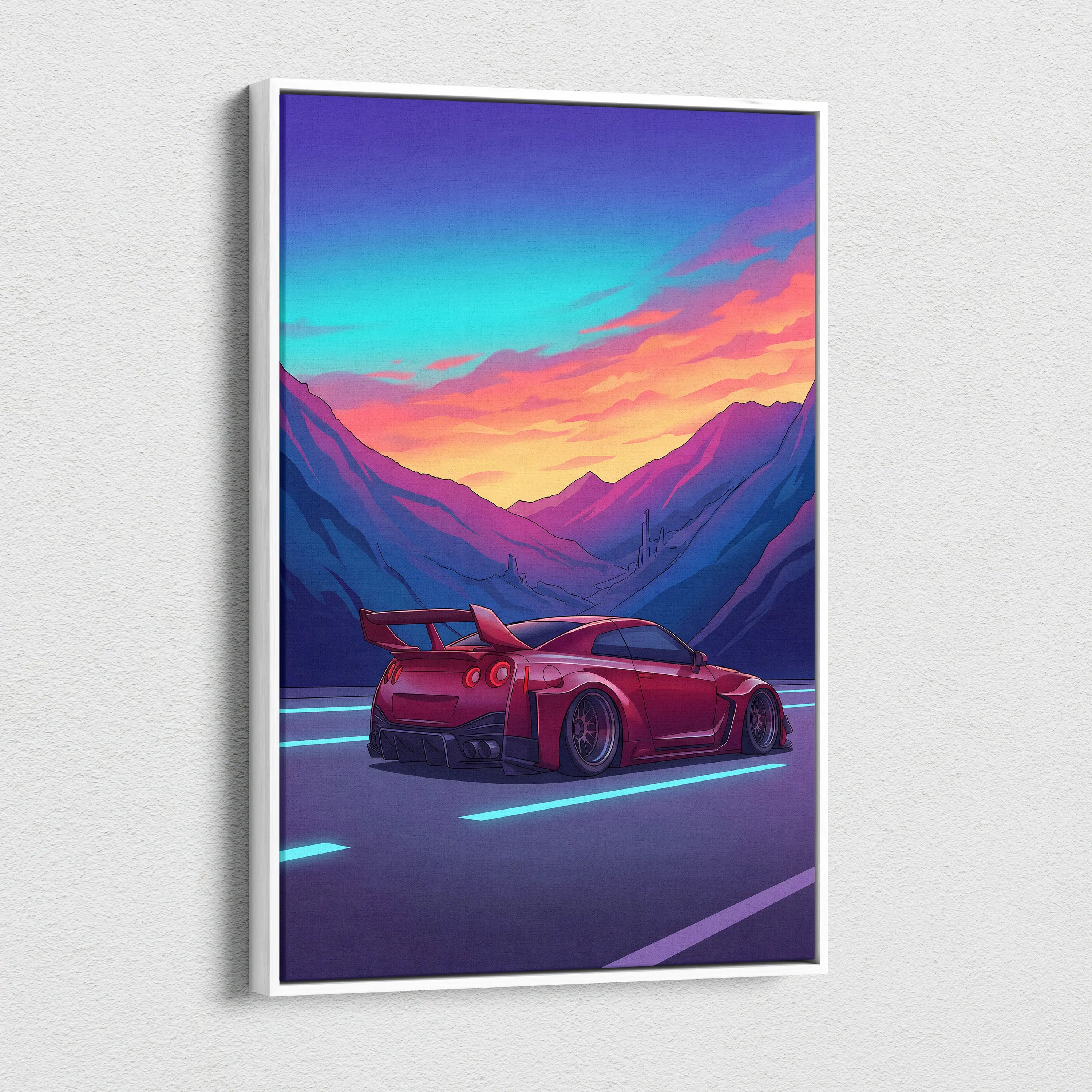 Nissan GT-R Inspired Red Blue Mountain Canvas Wall Art Vaporwave JDM Car Artwork, Neon Sunset Road Garage Decor Retro Futuristic Print