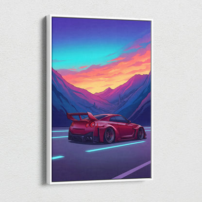Nissan GT-R Inspired Red Blue Mountain Canvas Wall Art Vaporwave JDM Car Artwork, Neon Sunset Road Garage Decor Retro Futuristic Print