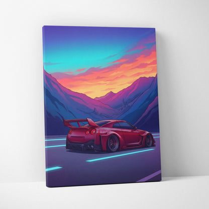 Nissan GT-R Inspired Red Blue Mountain Canvas Wall Art Vaporwave JDM Car Artwork, Neon Sunset Road Garage Decor Retro Futuristic Print
