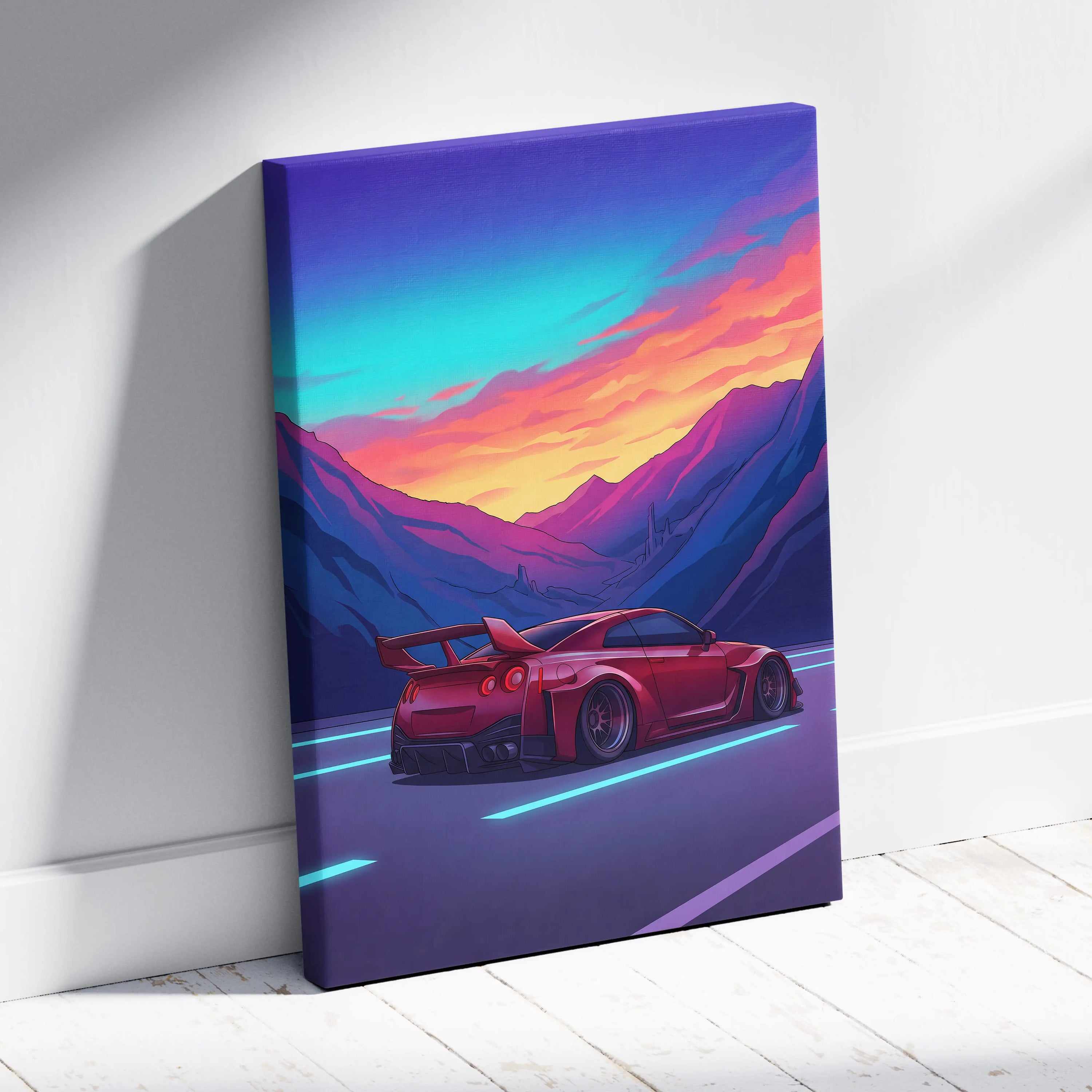 Nissan GT-R Inspired Red Blue Mountain Canvas Wall Art Vaporwave JDM Car Artwork, Neon Sunset Road Garage Decor Retro Futuristic Print