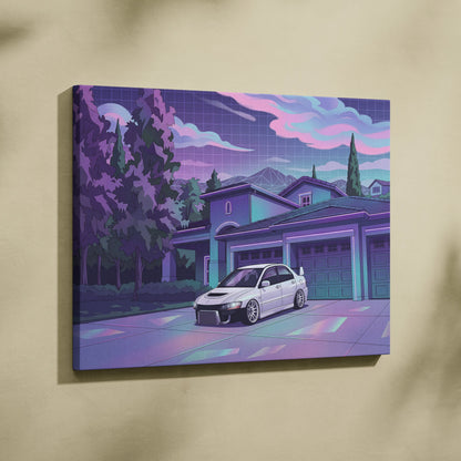 Mitsubishi Lancer Evo Inspired White Purple Canvas Wall Art Vaporwave JDM Car Artwork, Neon Suburban Garage Decor Retro Futuristic Print