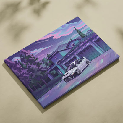 Mitsubishi Lancer Evo Inspired White Purple Canvas Wall Art Vaporwave JDM Car Artwork, Neon Suburban Garage Decor Retro Futuristic Print