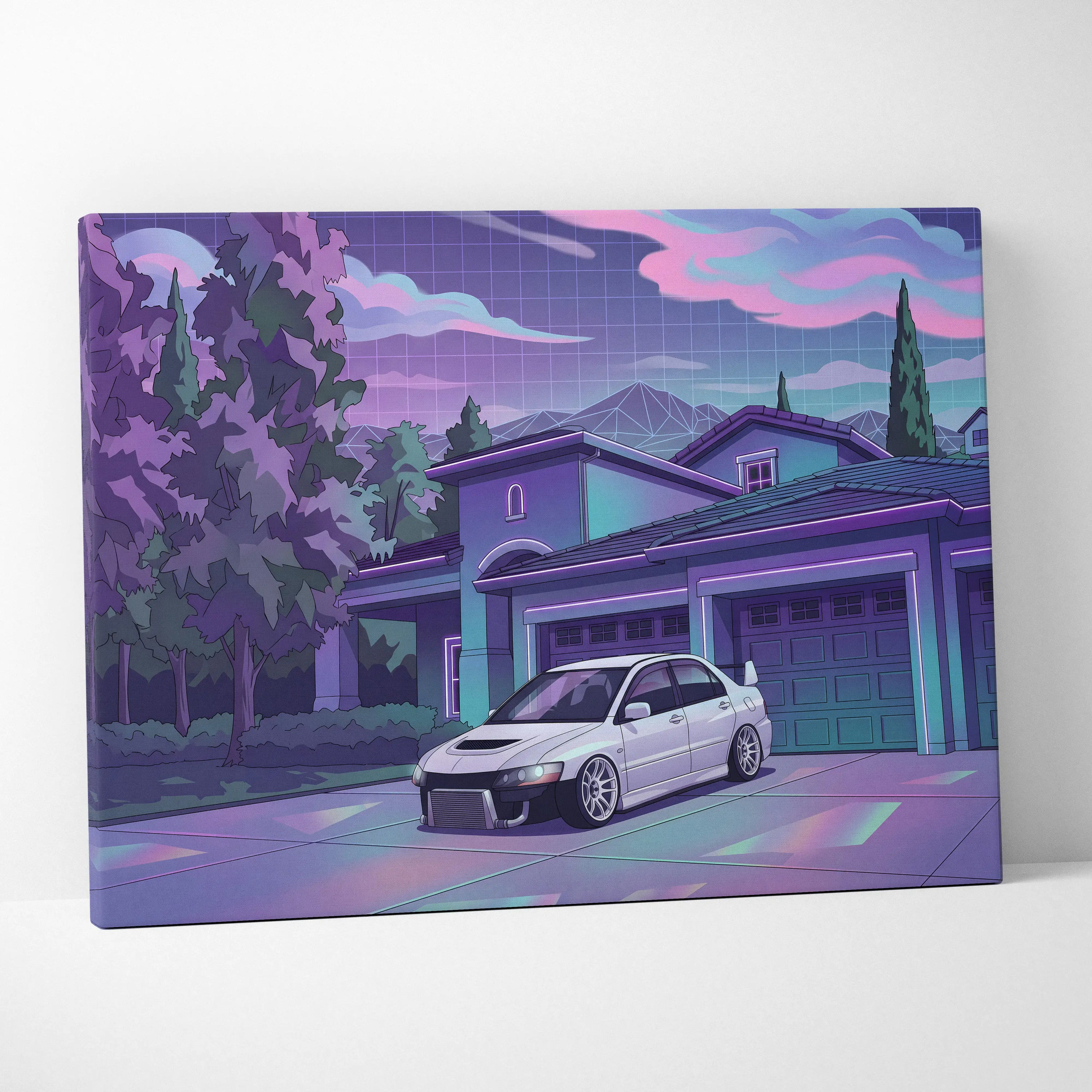 Mitsubishi Lancer Evo Inspired White Purple Canvas Wall Art Vaporwave JDM Car Artwork, Neon Suburban Garage Decor Retro Futuristic Print