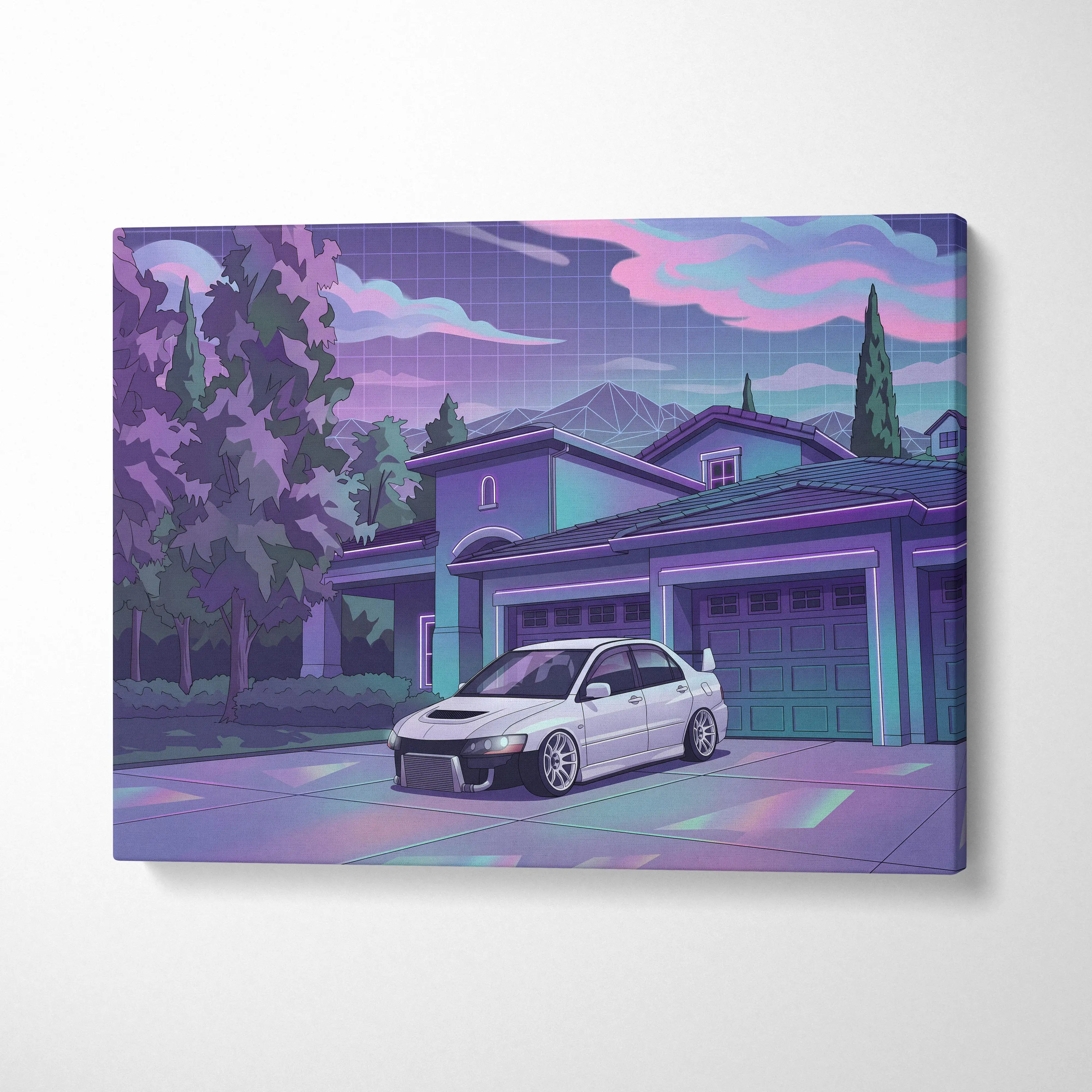 Mitsubishi Lancer Evo Inspired White Purple Canvas Wall Art Vaporwave JDM Car Artwork, Neon Suburban Garage Decor Retro Futuristic Print