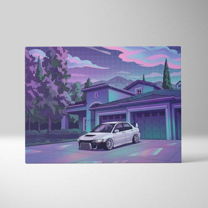 Mitsubishi Lancer Evo Inspired White Purple Canvas Wall Art Vaporwave JDM Car Artwork, Neon Suburban Garage Decor Retro Futuristic Print