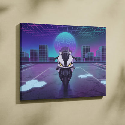 BMW S1000RR Inspired White Purple Motorcycle Canvas Wall Art Vaporwave Neon Sportbike Garage Decor Futuristic Racing Artwork