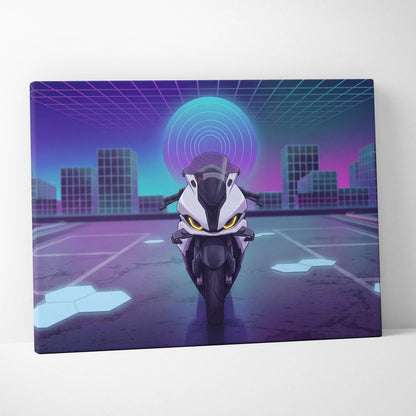 BMW S1000RR Inspired White Purple Motorcycle Canvas Wall Art Vaporwave Neon Sportbike Garage Decor Futuristic Racing Artwork