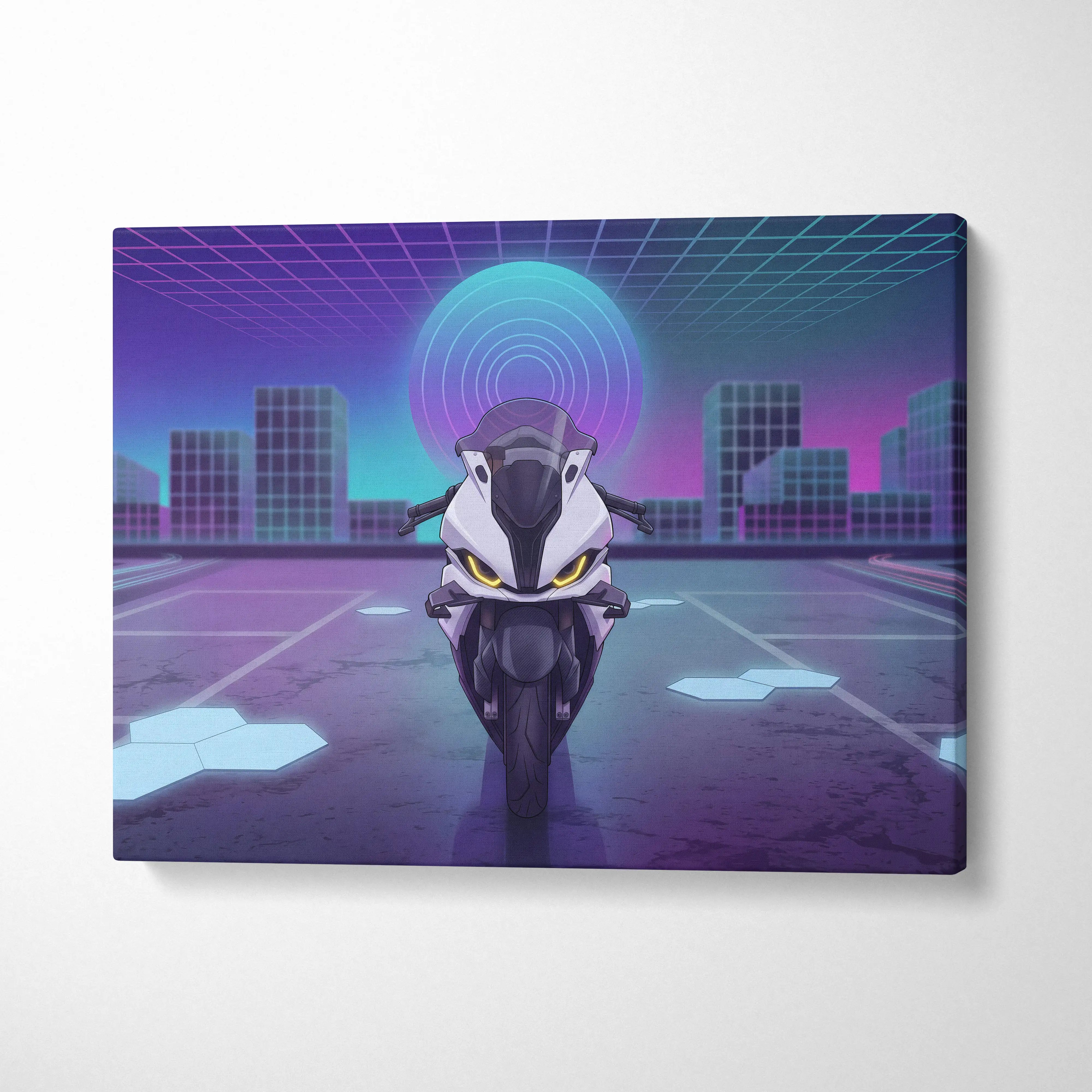 BMW S1000RR Inspired White Purple Motorcycle Canvas Wall Art Vaporwave Neon Sportbike Garage Decor Futuristic Racing Artwork