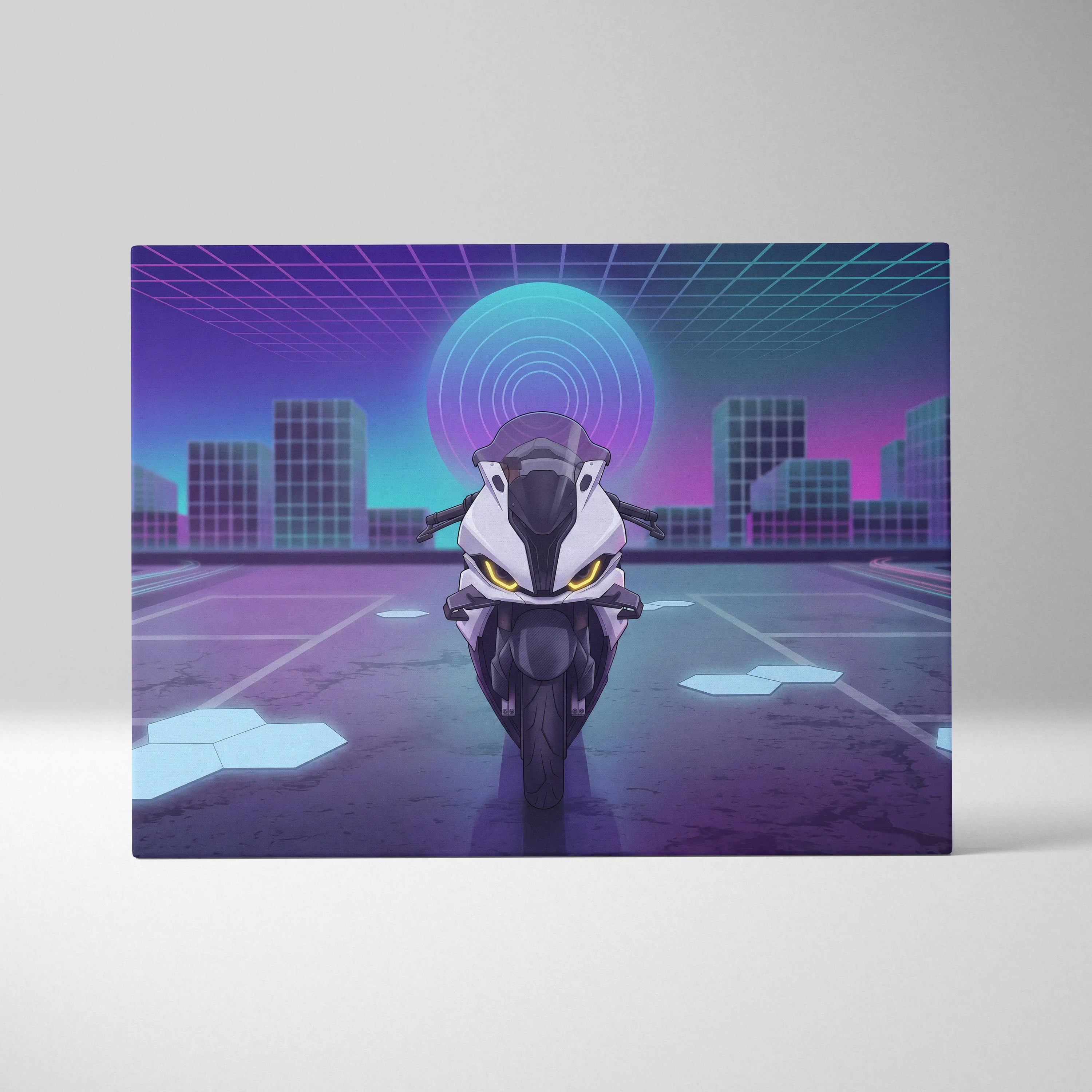 BMW S1000RR Inspired White Purple Motorcycle Canvas Wall Art Vaporwave Neon Sportbike Garage Decor Futuristic Racing Artwork
