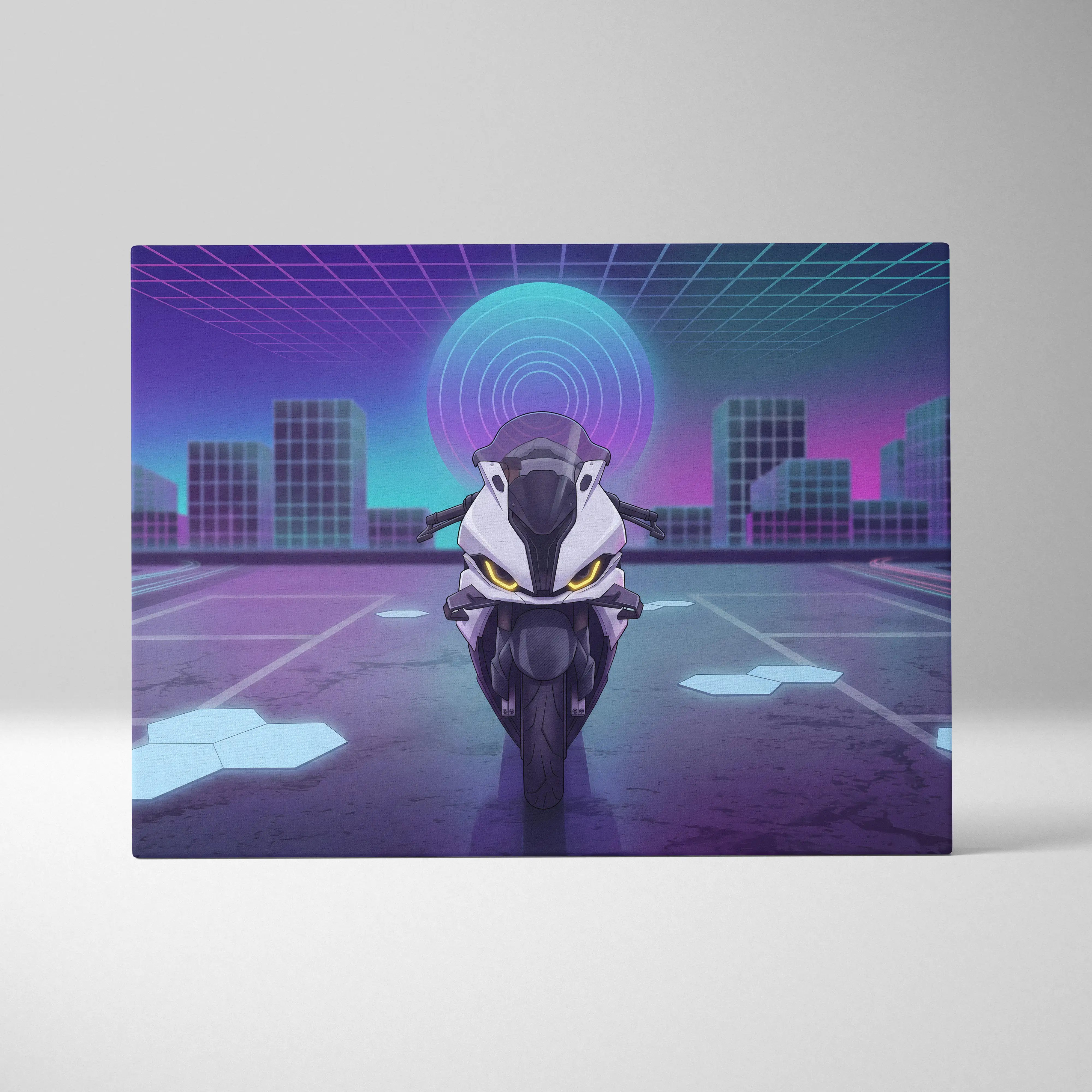 BMW S1000RR Inspired White Purple Motorcycle Canvas Wall Art Vaporwave Neon Sportbike Garage Decor Futuristic Racing Artwork