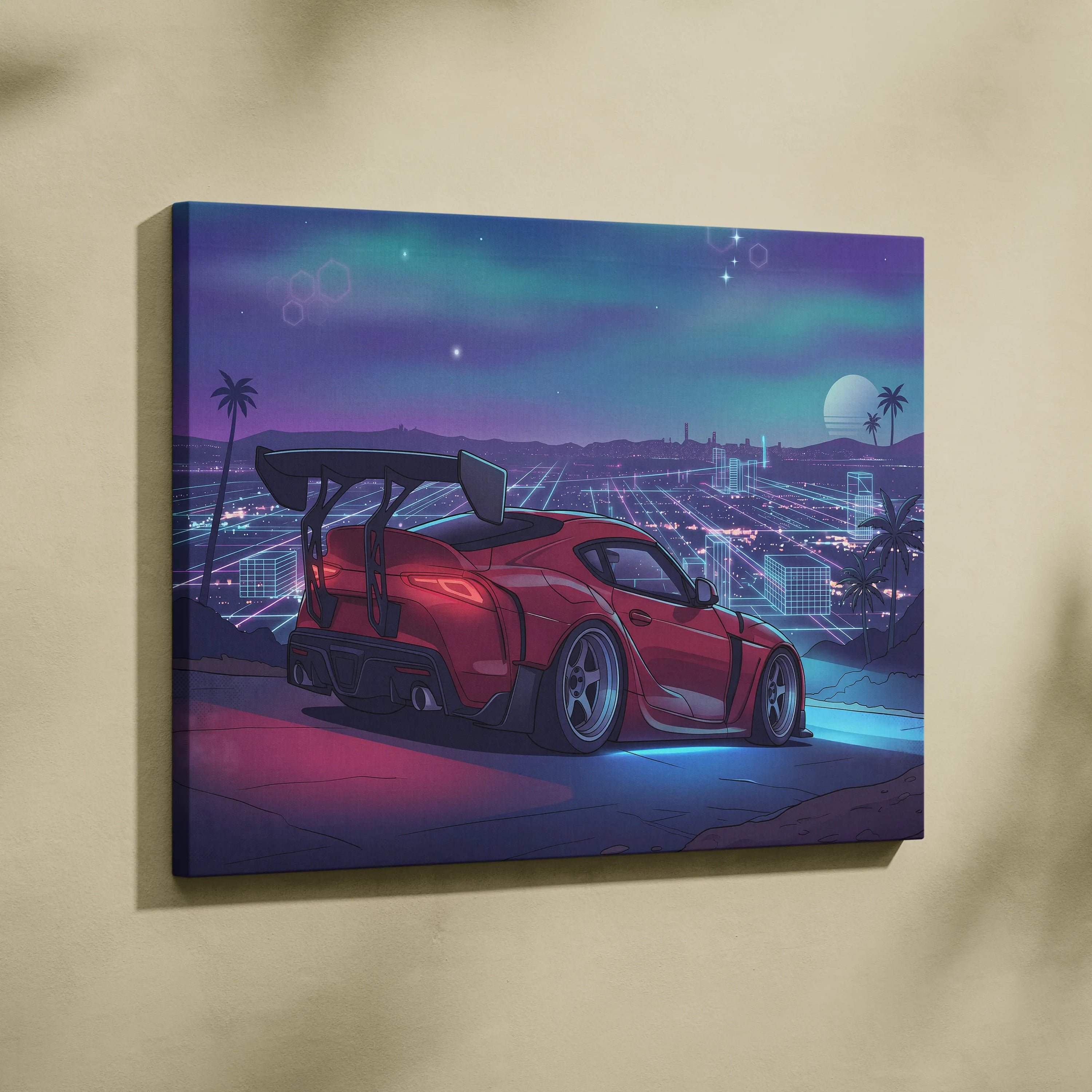 Toyota Supra Inspired Red Blue City Canvas Wall Art Vaporwave Neon Sports Car Artwork, Retro Futuristic Skyline Garage Decor Print