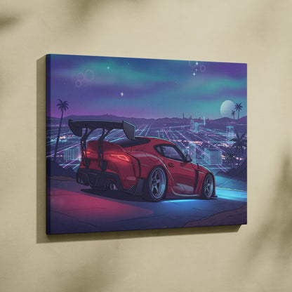 Toyota Supra Inspired Red Blue City Canvas Wall Art Vaporwave Neon Sports Car Artwork, Retro Futuristic Skyline Garage Decor Print