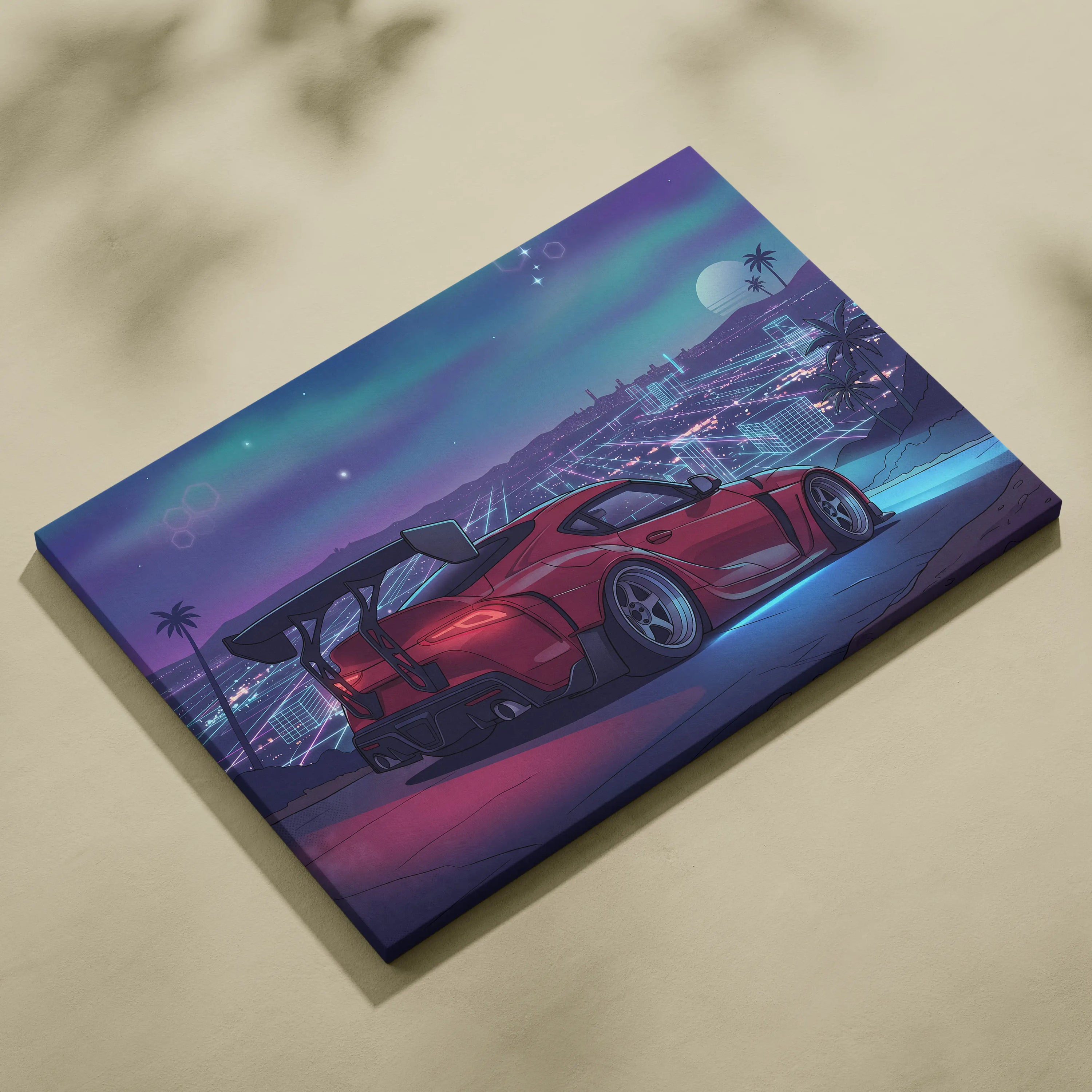 Toyota Supra Inspired Red Blue City Canvas Wall Art Vaporwave Neon Sports Car Artwork, Retro Futuristic Skyline Garage Decor Print