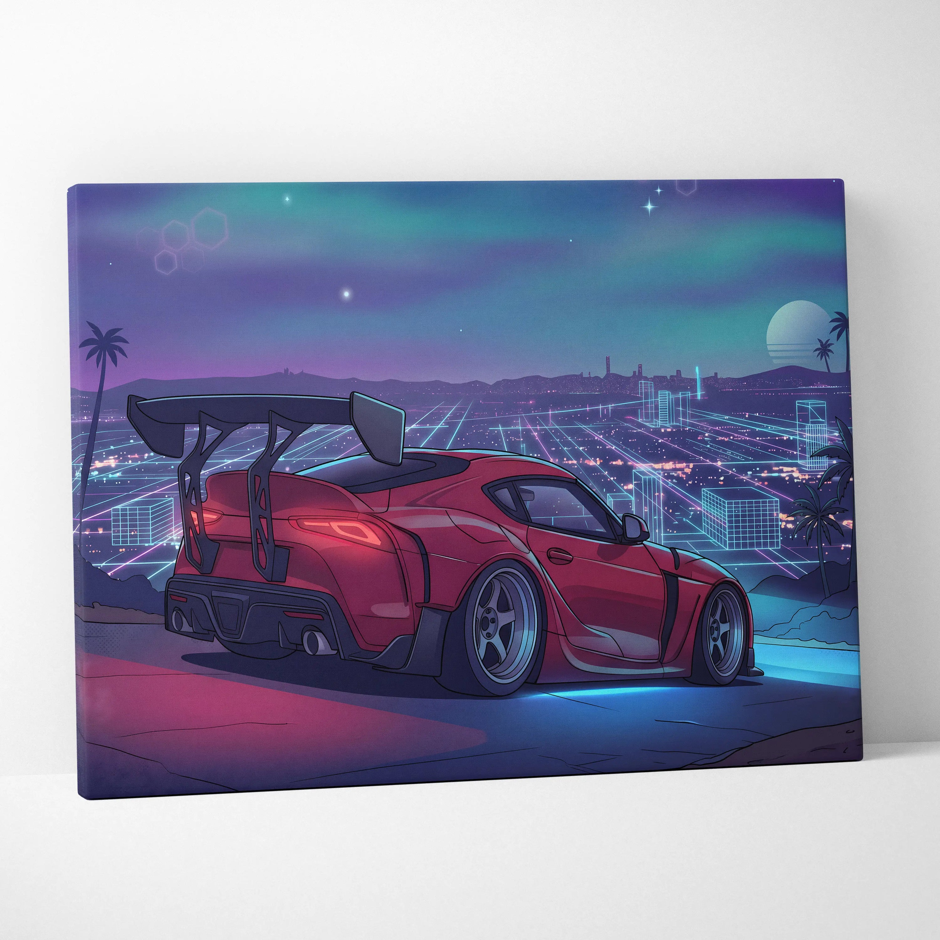 Toyota Supra Inspired Red Blue City Canvas Wall Art Vaporwave Neon Sports Car Artwork, Retro Futuristic Skyline Garage Decor Print