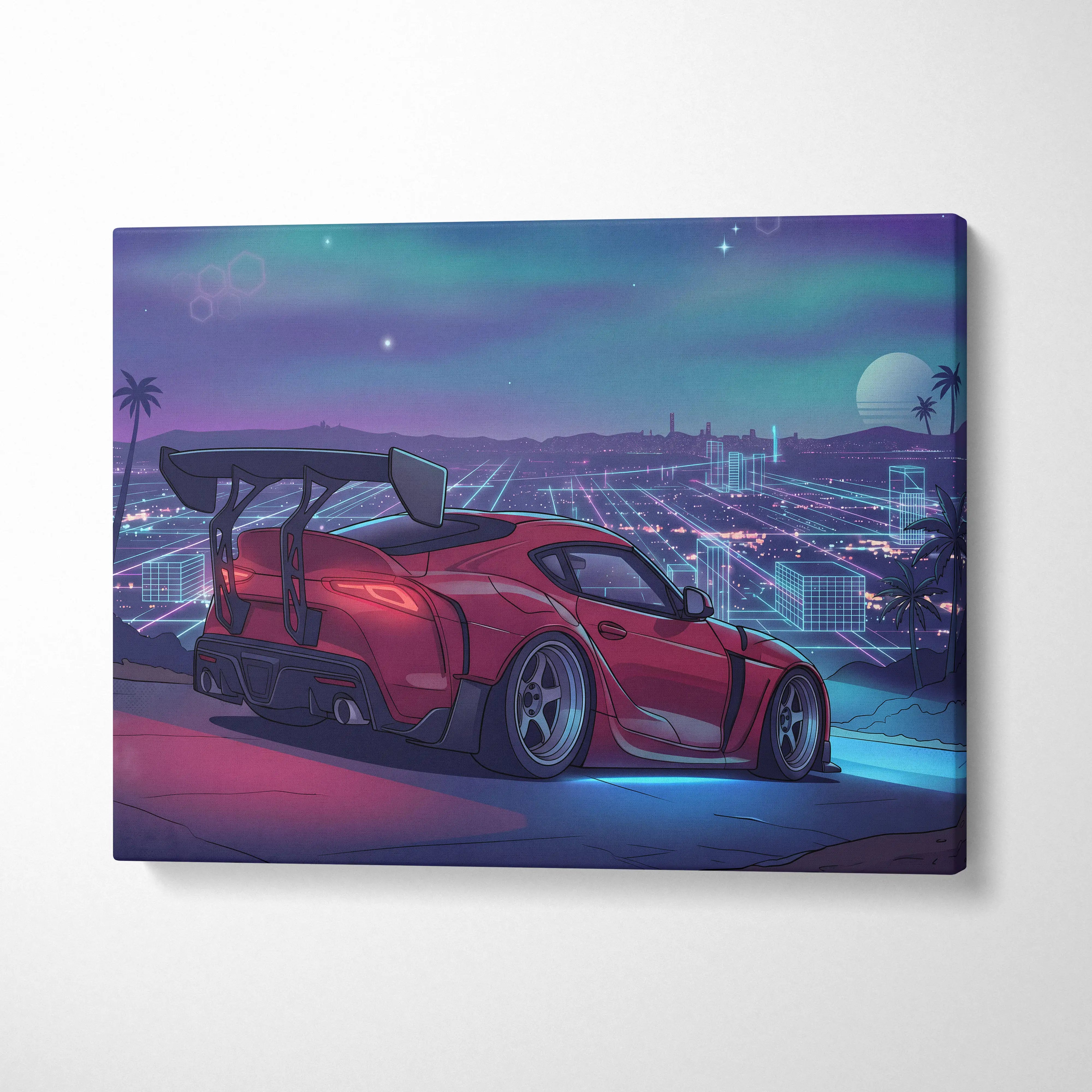 Toyota Supra Inspired Red Blue City Canvas Wall Art Vaporwave Neon Sports Car Artwork, Retro Futuristic Skyline Garage Decor Print