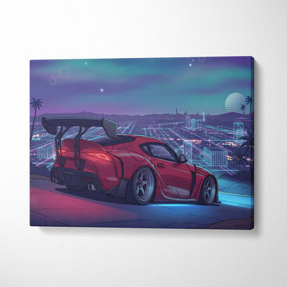 Toyota Supra Inspired Red Blue City Canvas Wall Art Vaporwave Neon Sports Car Artwork, Retro Futuristic Skyline Garage Decor Print