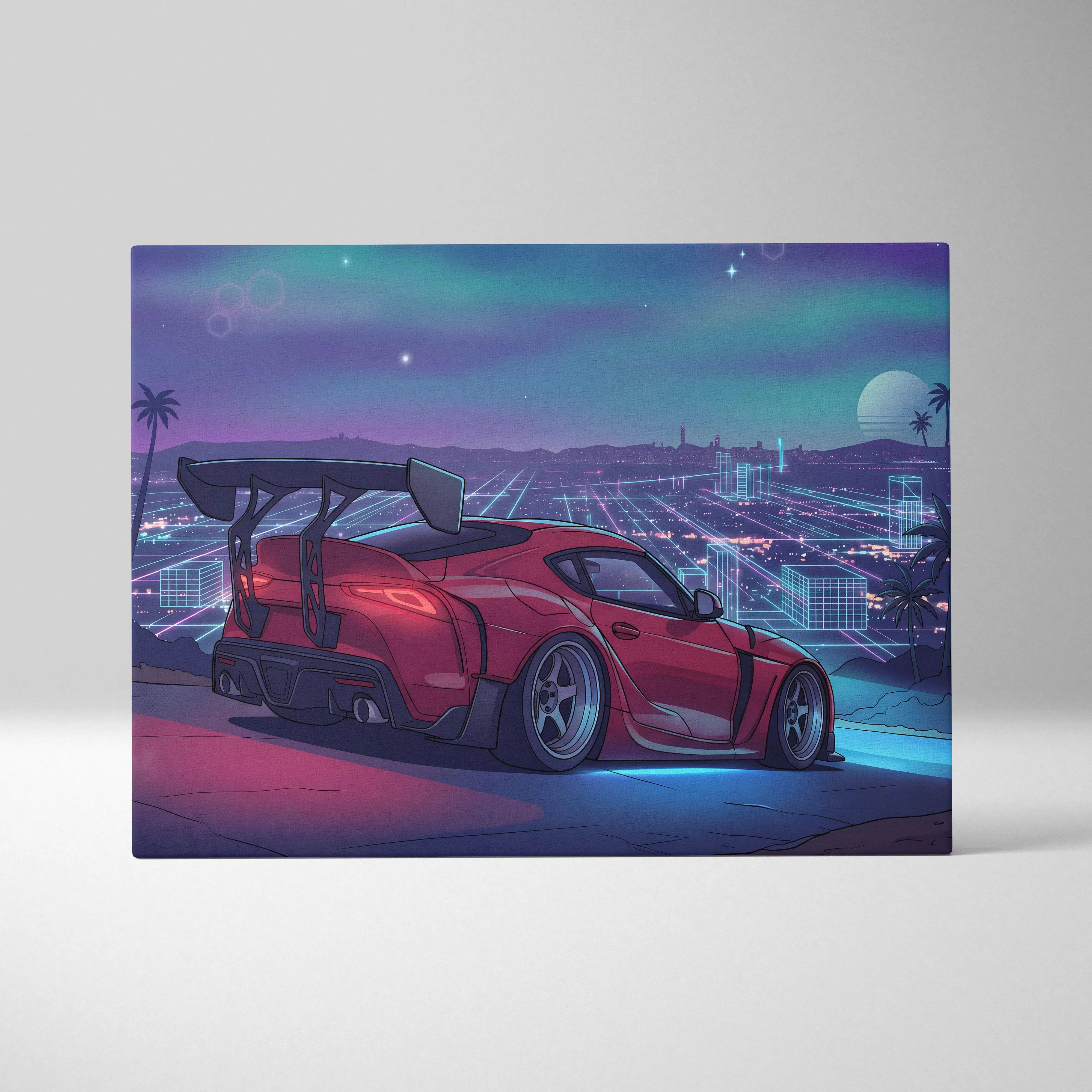 Toyota Supra Inspired Red Blue City Canvas Wall Art Vaporwave Neon Sports Car Artwork, Retro Futuristic Skyline Garage Decor Print