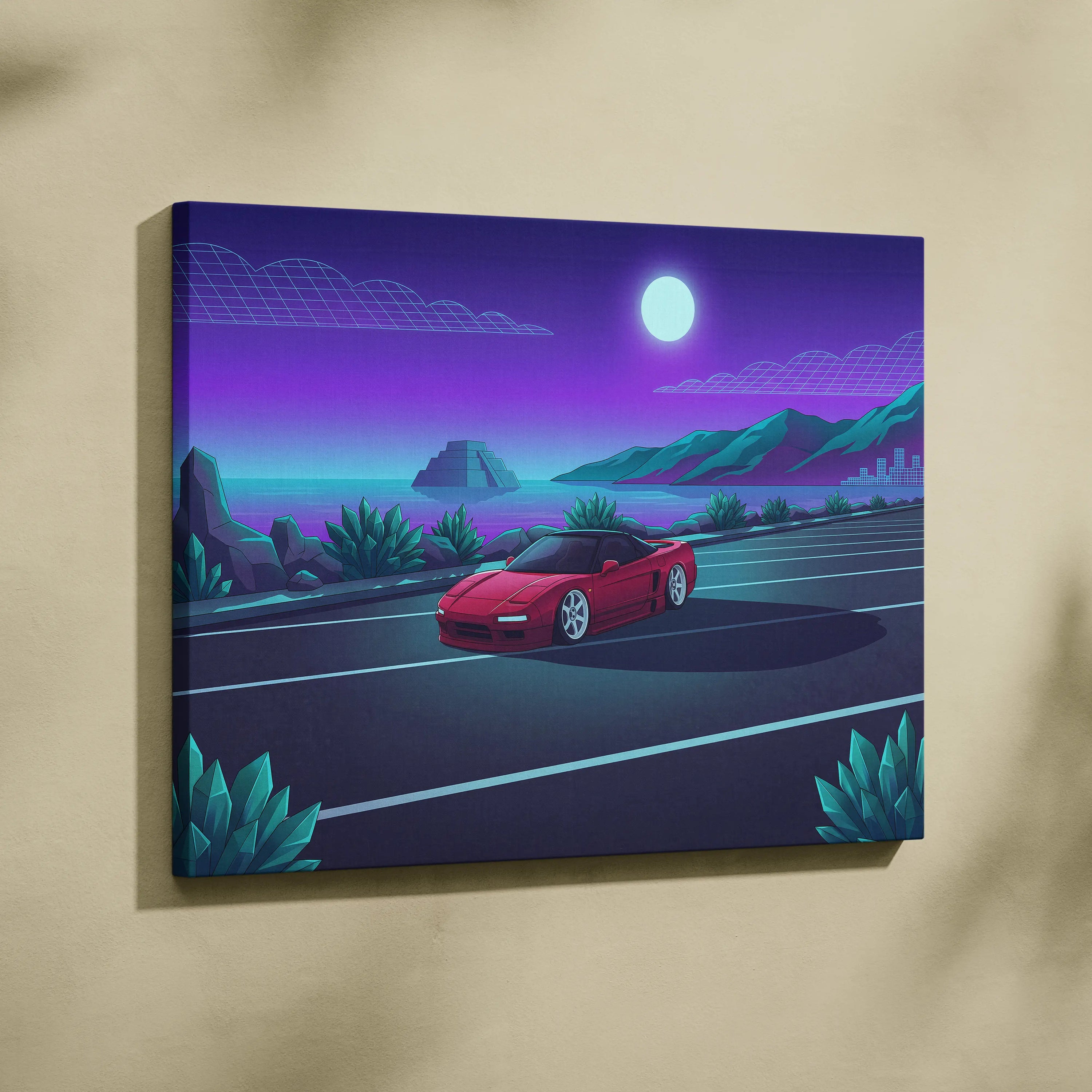 Honda NSX Inspired Red Purple Coastal Canvas Wall Art Vaporwave JDM Supercar Artwork, Neon Ocean Road Garage Decor Retro Futuristic Print
