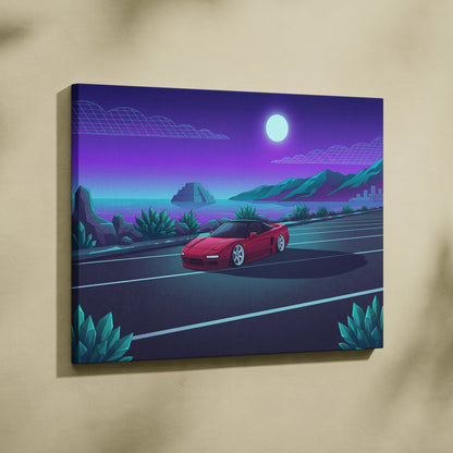 Honda NSX Inspired Red Purple Coastal Canvas Wall Art Vaporwave JDM Supercar Artwork, Neon Ocean Road Garage Decor Retro Futuristic Print