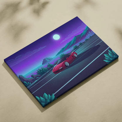 Honda NSX Inspired Red Purple Coastal Canvas Wall Art Vaporwave JDM Supercar Artwork, Neon Ocean Road Garage Decor Retro Futuristic Print