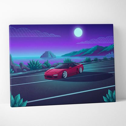 Honda NSX Inspired Red Purple Coastal Canvas Wall Art Vaporwave JDM Supercar Artwork, Neon Ocean Road Garage Decor Retro Futuristic Print