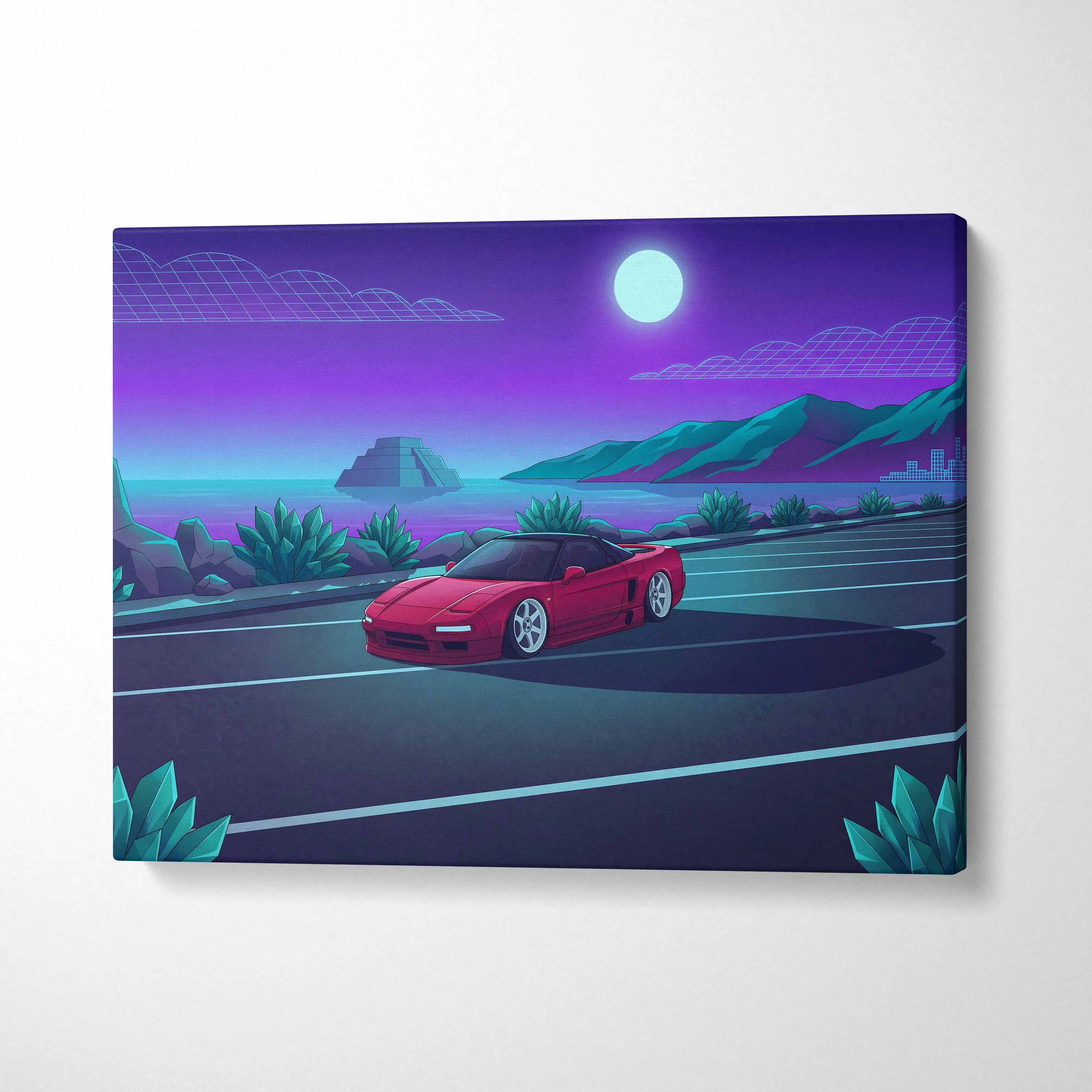Honda NSX Inspired Red Purple Coastal Canvas Wall Art Vaporwave JDM Supercar Artwork, Neon Ocean Road Garage Decor Retro Futuristic Print
