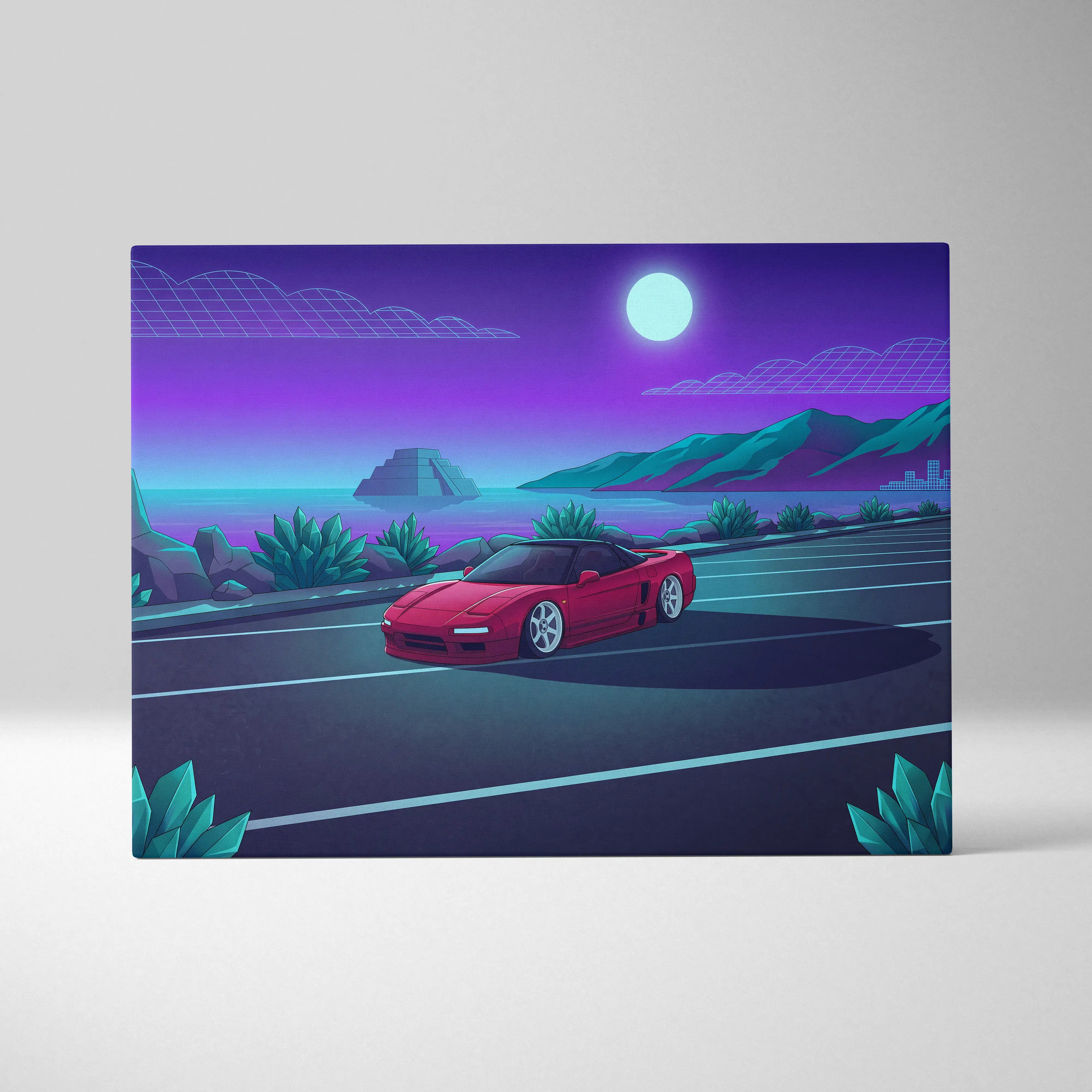 Honda NSX Inspired Red Purple Coastal Canvas Wall Art Vaporwave JDM Supercar Artwork, Neon Ocean Road Garage Decor Retro Futuristic Print