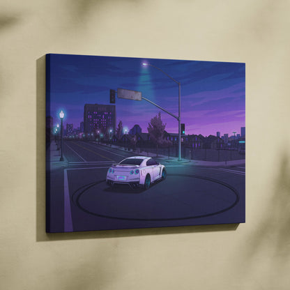 Nissan GT-R Inspired White Blue City Canvas Wall Art Vaporwave JDM Car Artwork, Moody Neon Street Garage Decor Retro Futuristic Print