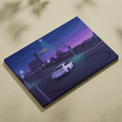 Nissan GT-R Inspired White Blue City Canvas Wall Art Vaporwave JDM Car Artwork, Moody Neon Street Garage Decor Retro Futuristic Print