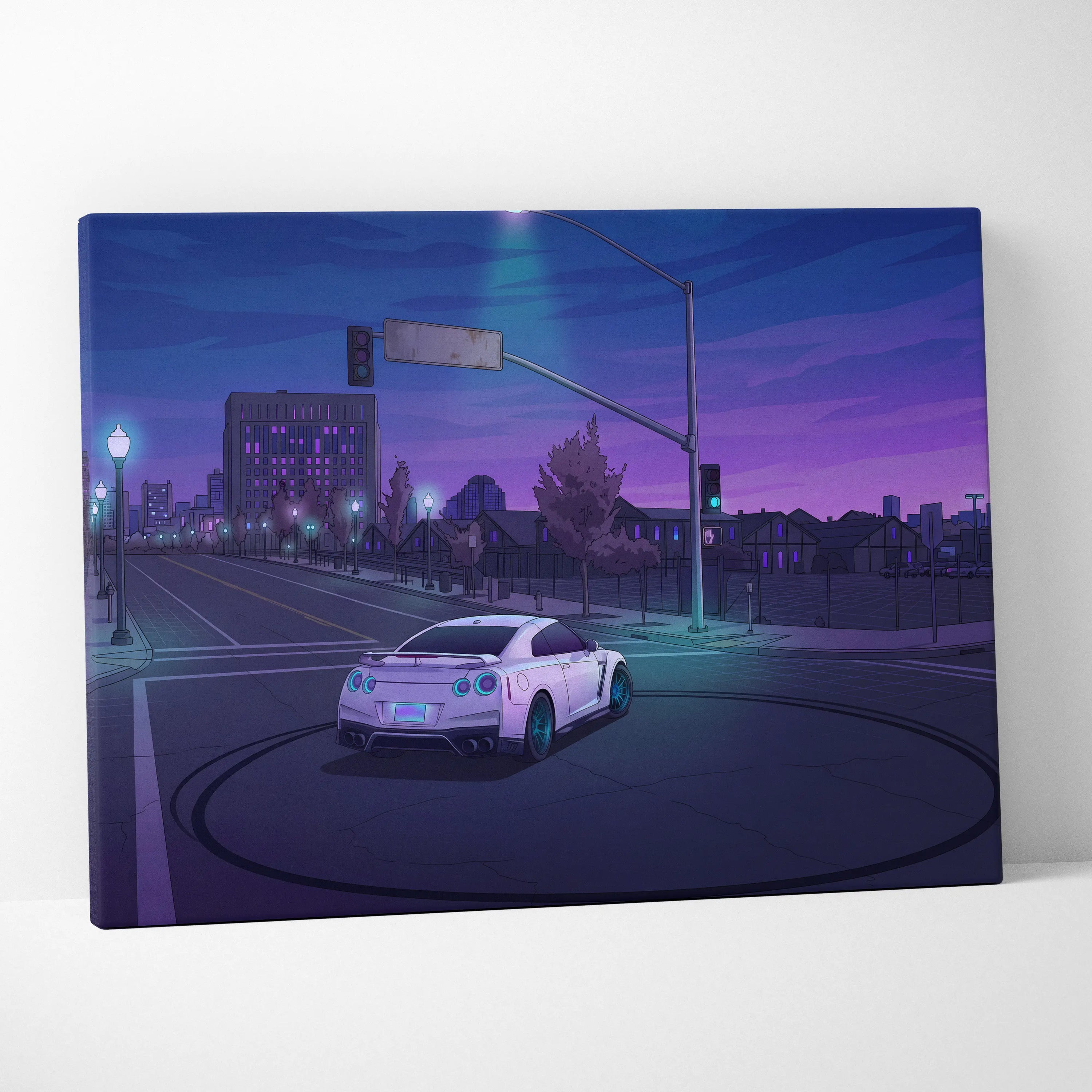 Nissan GT-R Inspired White Blue City Canvas Wall Art Vaporwave JDM Car Artwork, Moody Neon Street Garage Decor Retro Futuristic Print