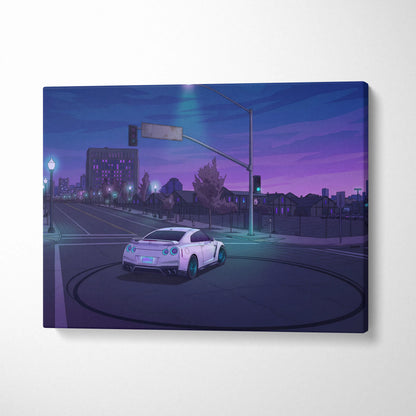 Nissan GT-R Inspired White Blue City Canvas Wall Art Vaporwave JDM Car Artwork, Moody Neon Street Garage Decor Retro Futuristic Print