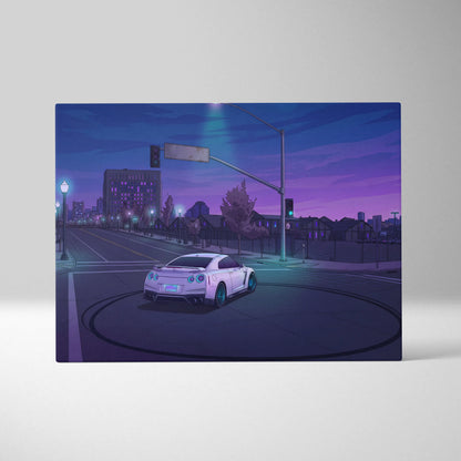 Nissan GT-R Inspired White Blue City Canvas Wall Art Vaporwave JDM Car Artwork, Moody Neon Street Garage Decor Retro Futuristic Print