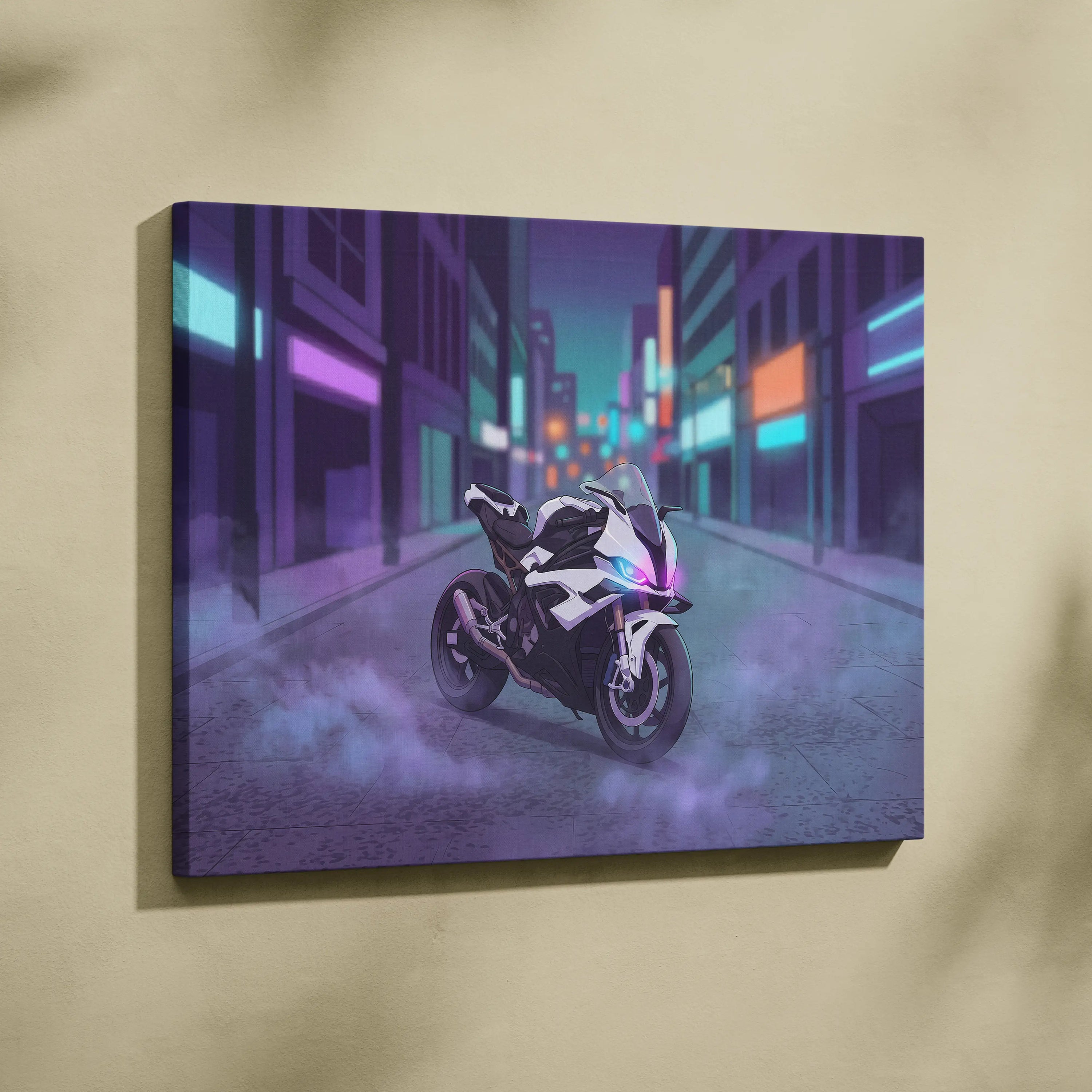 BMW S1000RR Inspired White Purple Motorcycle Canvas Wall Art Vaporwave Neon City Sportbike Garage Decor Cyberpunk Racing Artwork