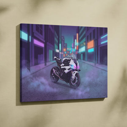 BMW S1000RR Inspired White Purple Motorcycle Canvas Wall Art Vaporwave Neon City Sportbike Garage Decor Cyberpunk Racing Artwork