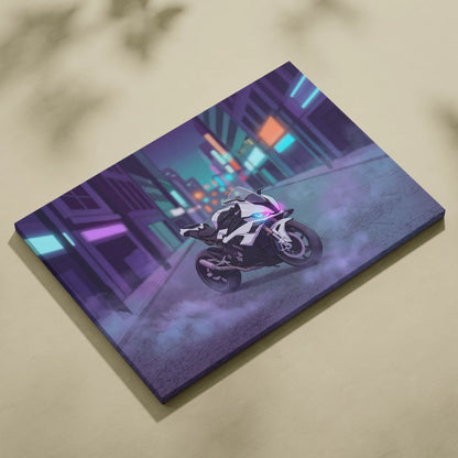 BMW S1000RR Inspired White Purple Motorcycle Canvas Wall Art Vaporwave Neon City Sportbike Garage Decor Cyberpunk Racing Artwork