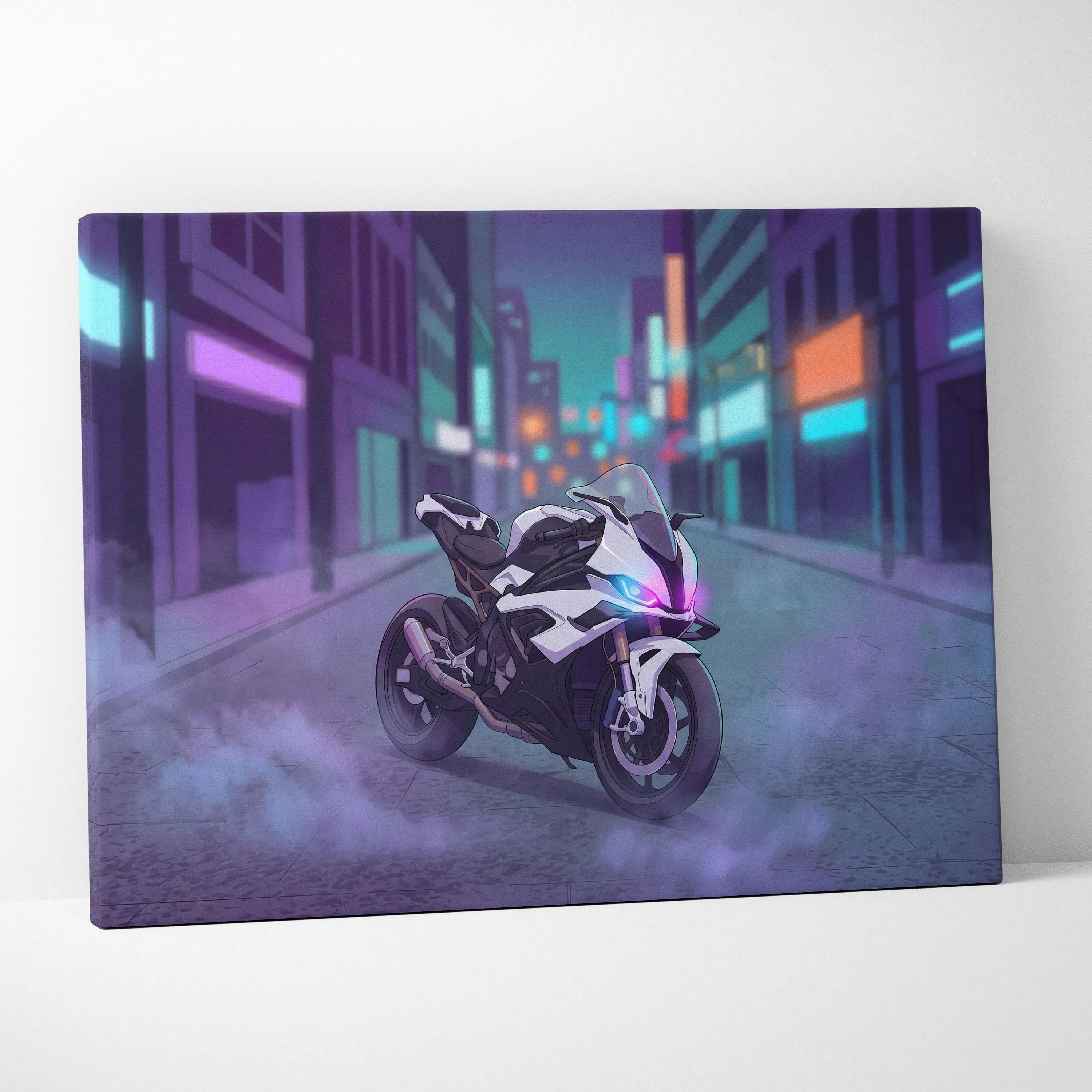 BMW S1000RR Inspired White Purple Motorcycle Canvas Wall Art Vaporwave Neon City Sportbike Garage Decor Cyberpunk Racing Artwork